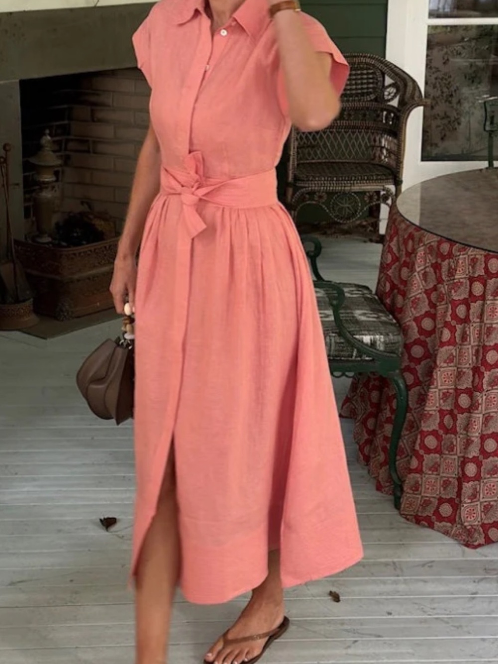 Women’s Coral Shirt Dress Midi with Self-Tie Waist